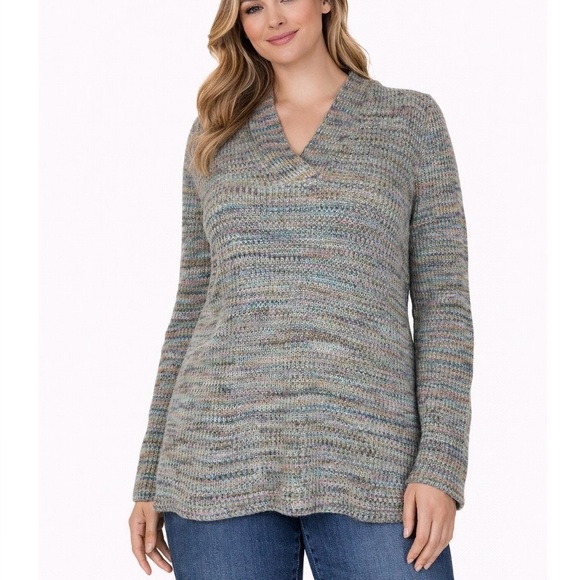 J. Jill Sweaters - J. Jill Sweater Knit Pullovers Green & Rainbow Marled V-neck Pullover Sweater